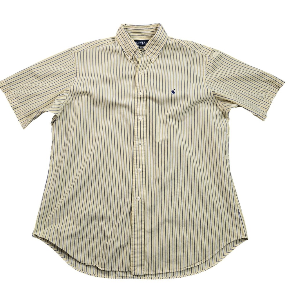 Ralph Lauren Shirt Mens Large Yellow Striped Classic Fit Cotton Button Down Logo